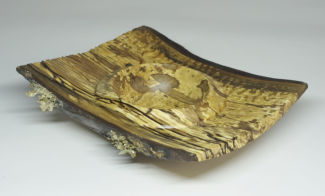 Rectangular turned wooden bowl with lichen